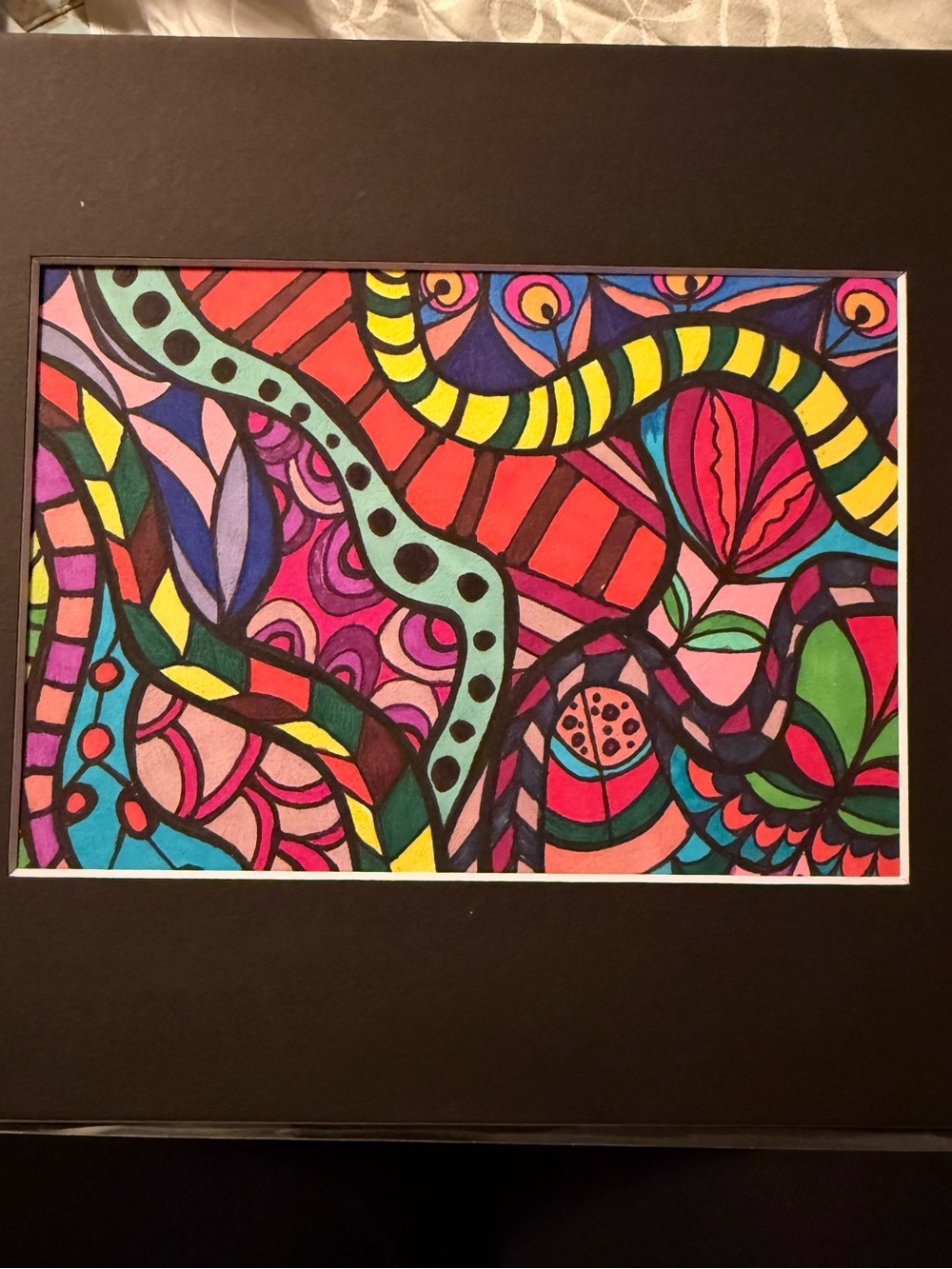 Original hand drawn intuitive abstract art with mat.